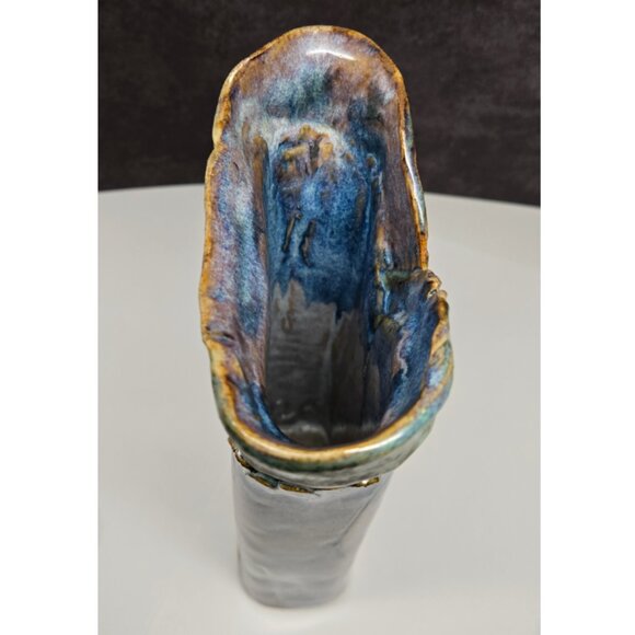 Studio Pottery Vase Blue Green Purple 8.25" Tall, Signed - Picture 8 of 9